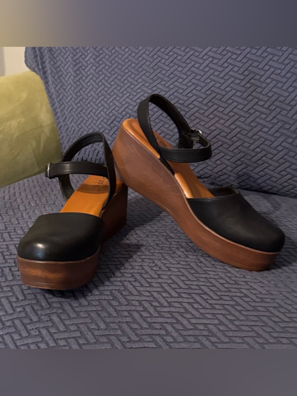 b.o.c. Black Leather Platform Wedges with Ankle Strap